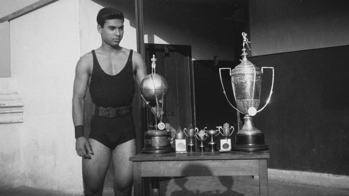 Bikram Choudhury with his championship trophies, Calcutta.